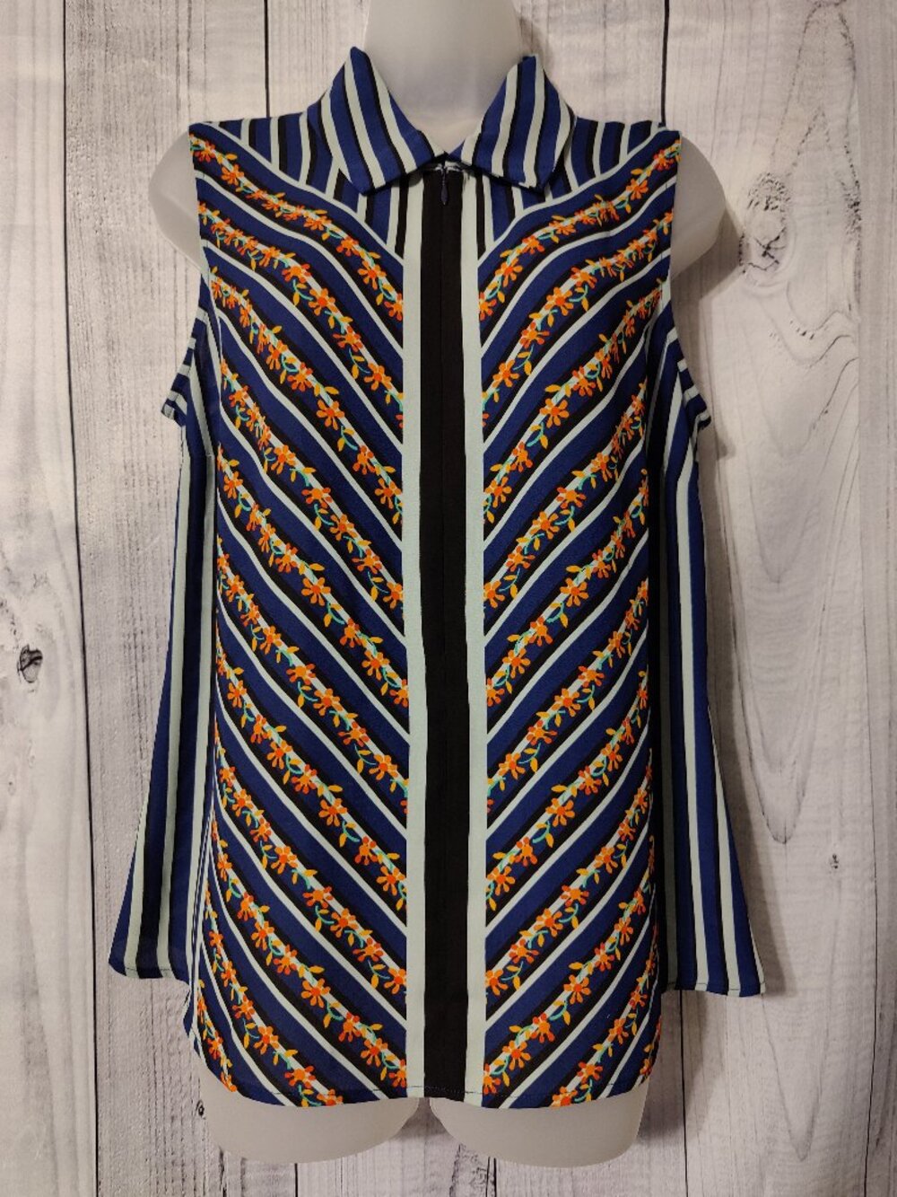 CAbi "Chevron Top" Mixed Print Stripe & Floral Zip Front Peplum Blouse